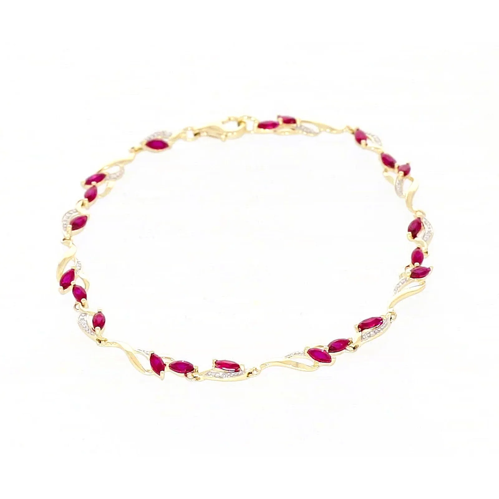 9ct Yellow Gold Marquise Cut Created Ruby Diamond Set Bracelet