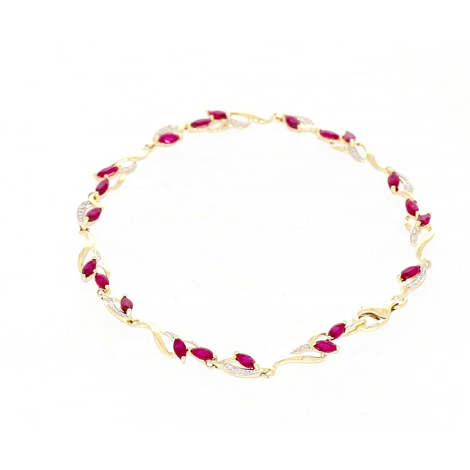 9ct Yellow Gold Marquise Cut Created Ruby Diamond Set Bracelet