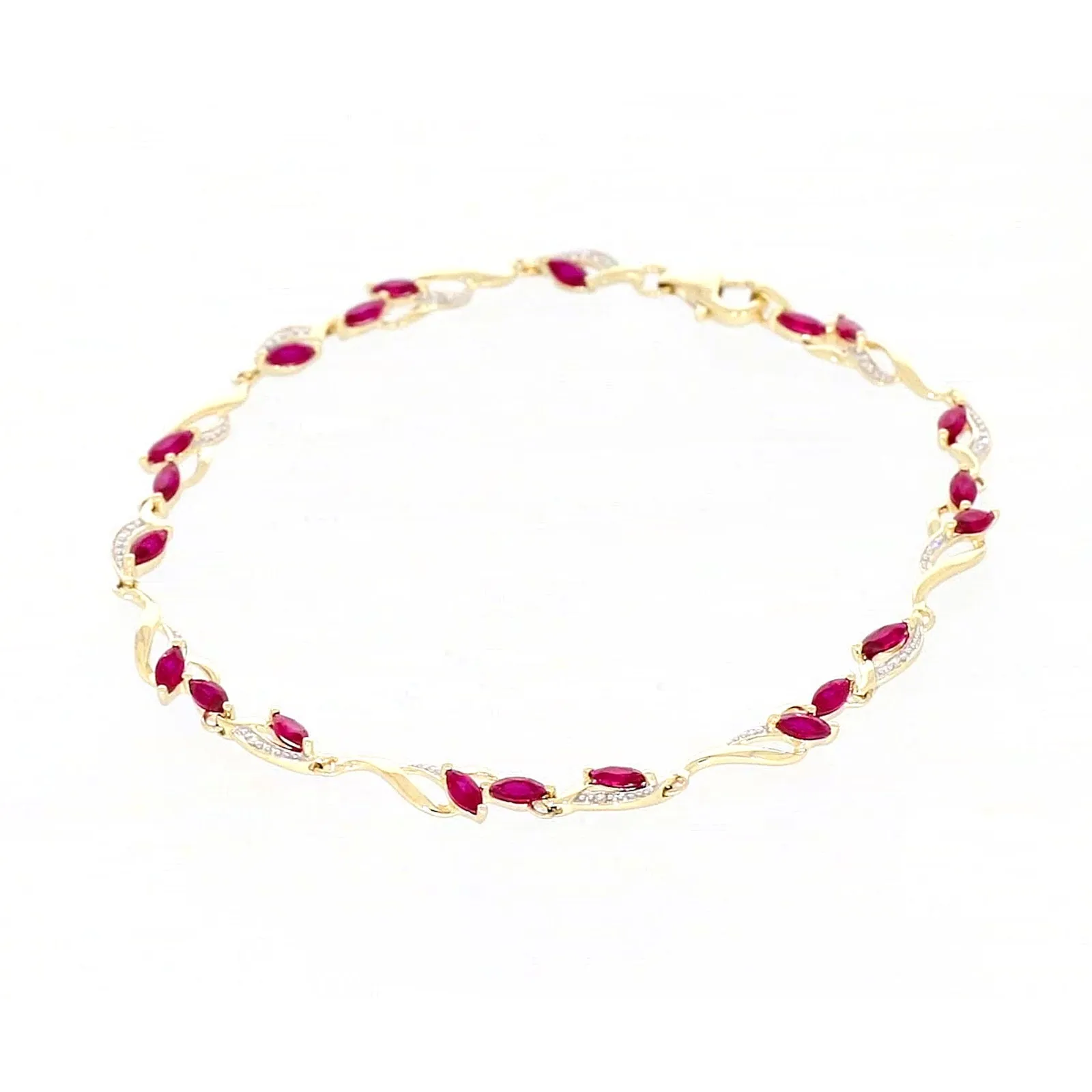 9ct Yellow Gold Marquise Cut Created Ruby Diamond Set Bracelet