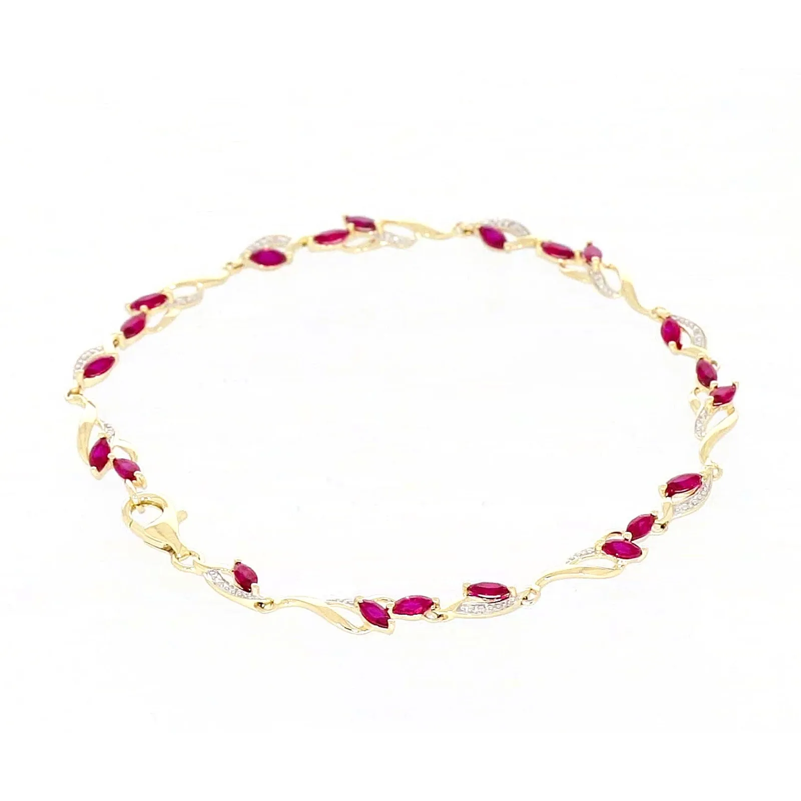 9ct Yellow Gold Marquise Cut Created Ruby Diamond Set Bracelet