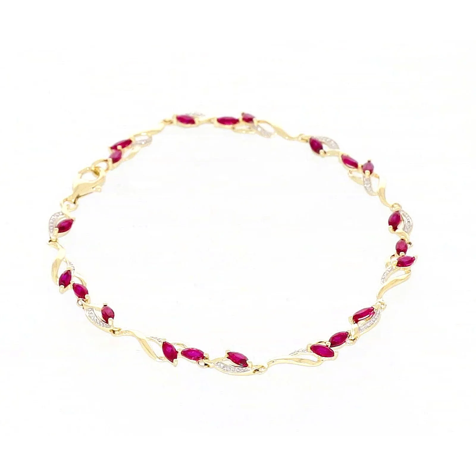 9ct Yellow Gold Marquise Cut Created Ruby Diamond Set Bracelet