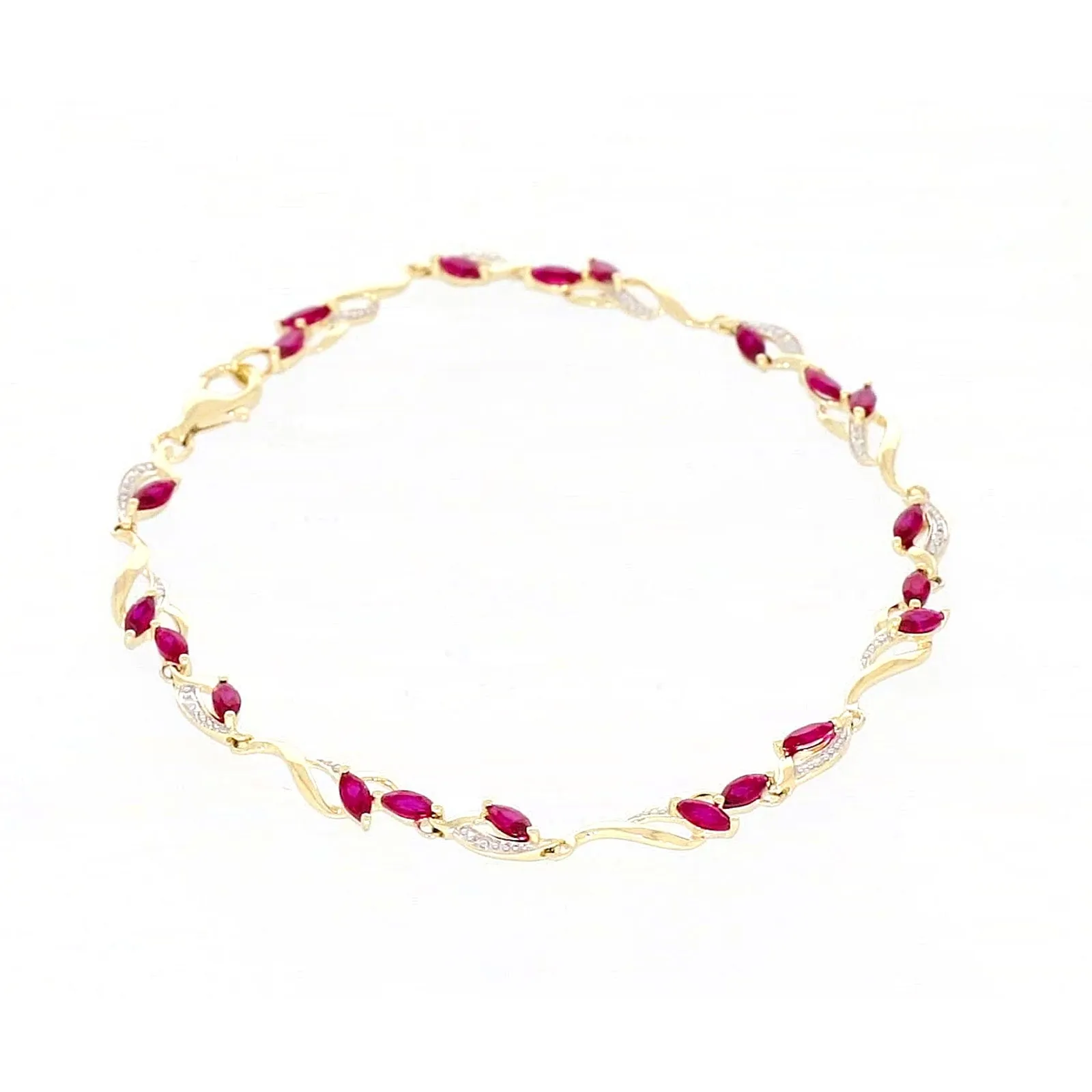 9ct Yellow Gold Marquise Cut Created Ruby Diamond Set Bracelet
