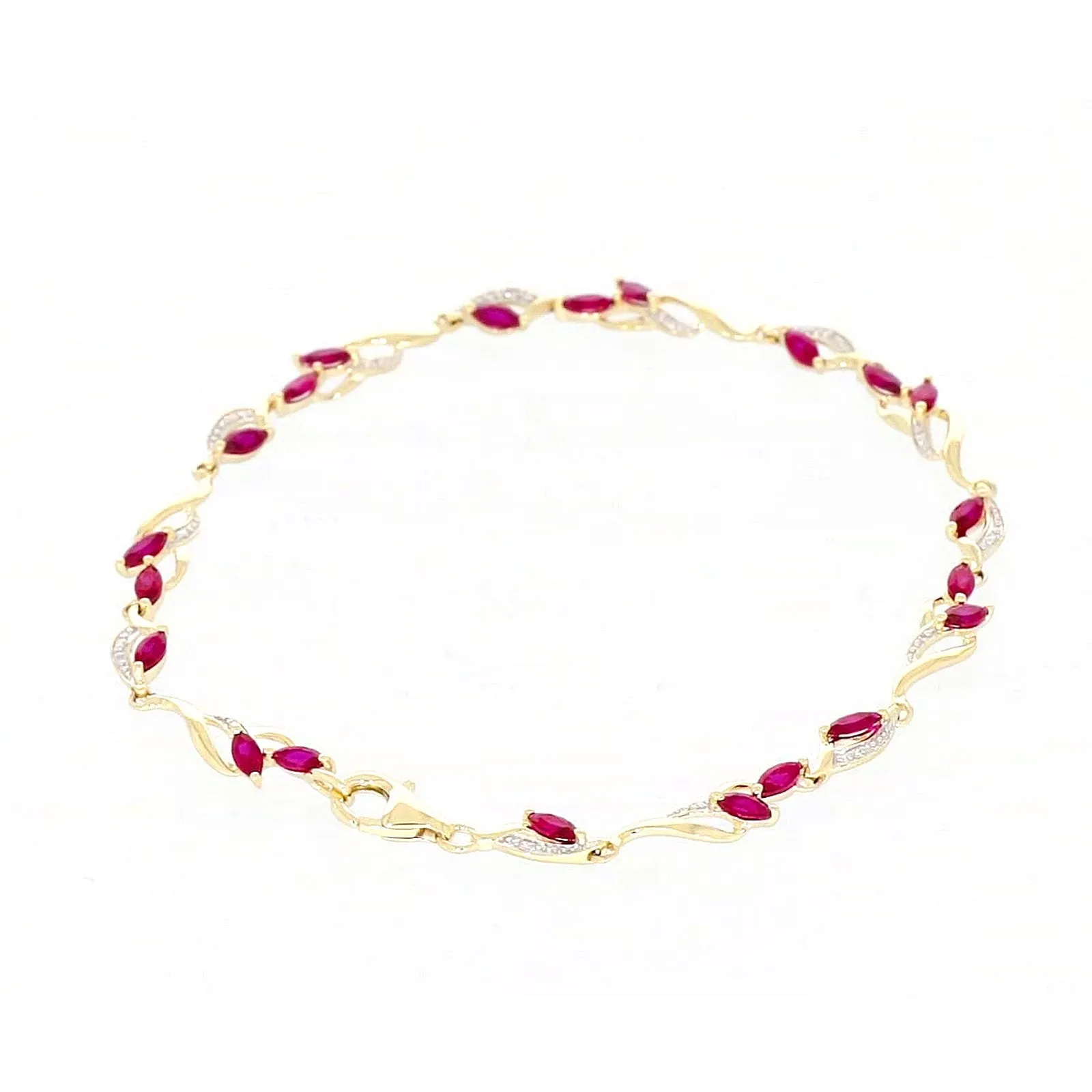 9ct Yellow Gold Marquise Cut Created Ruby Diamond Set Bracelet