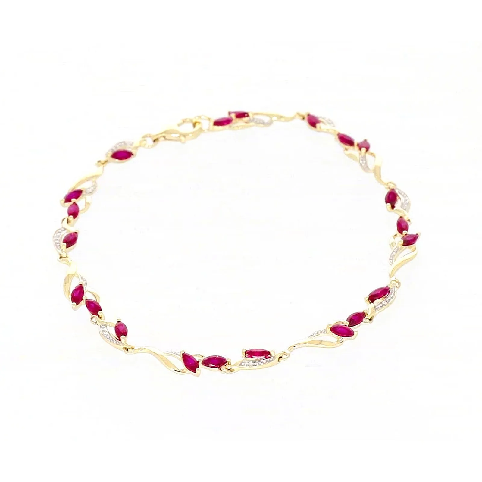 9ct Yellow Gold Marquise Cut Created Ruby Diamond Set Bracelet