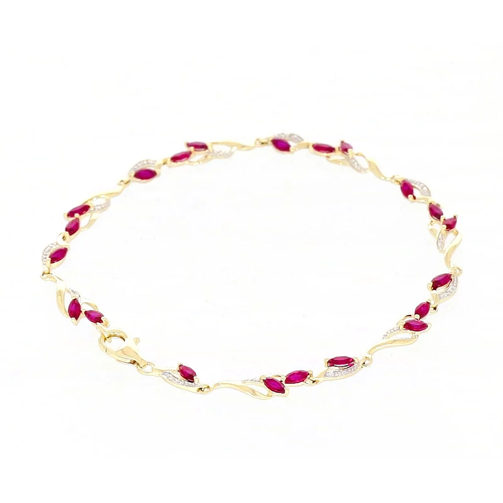 9ct Yellow Gold Marquise Cut Created Ruby Diamond Set Bracelet