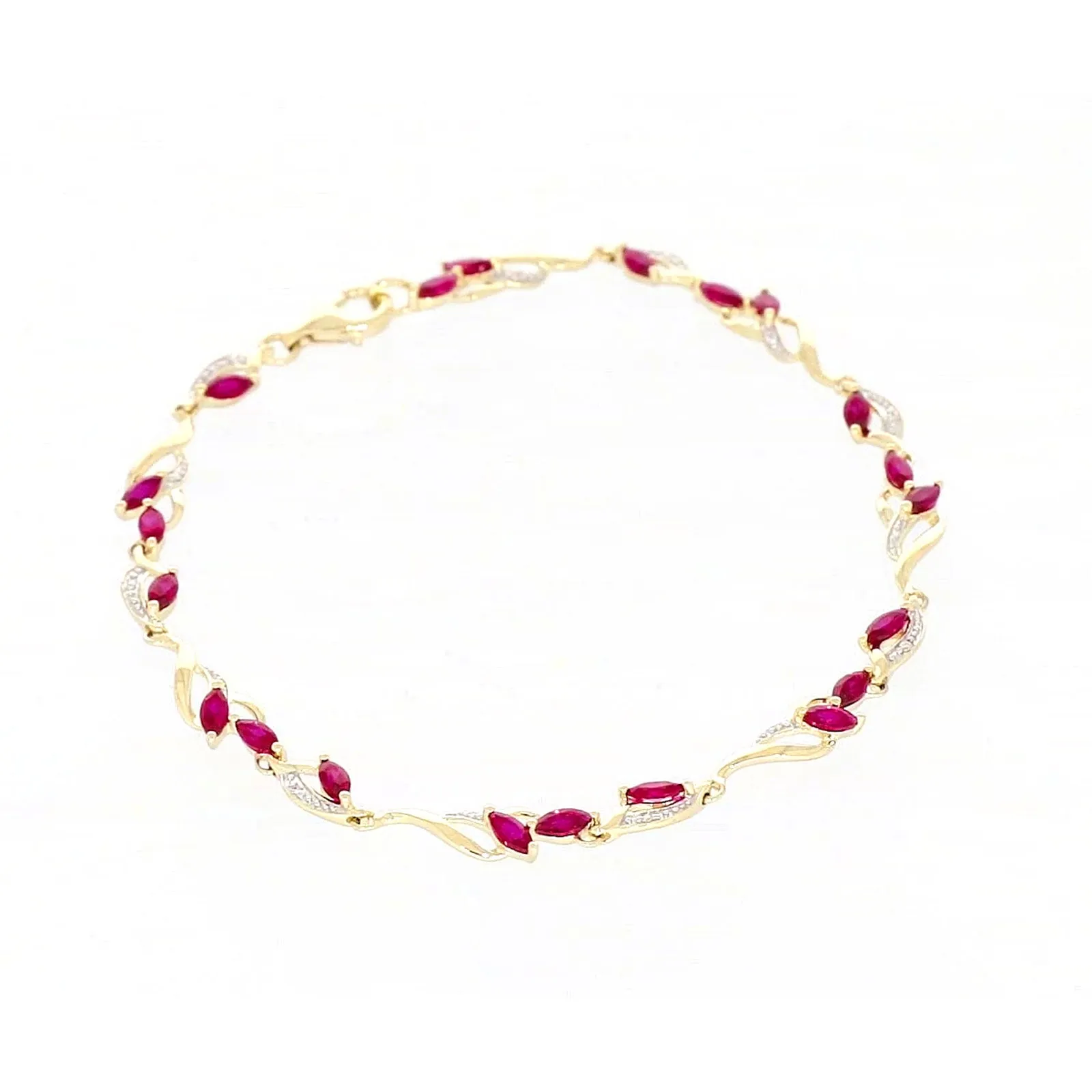 9ct Yellow Gold Marquise Cut Created Ruby Diamond Set Bracelet