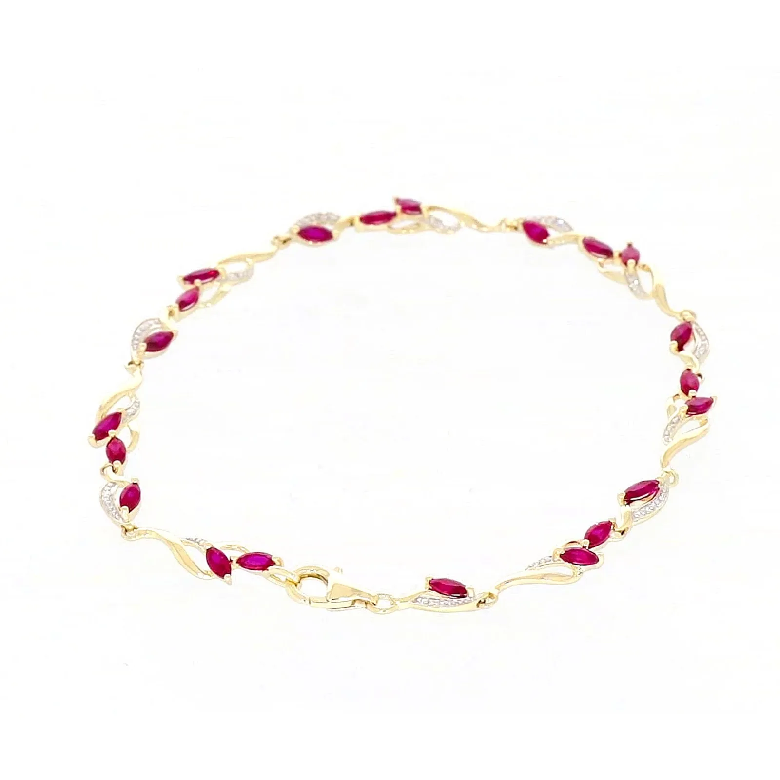 9ct Yellow Gold Marquise Cut Created Ruby Diamond Set Bracelet
