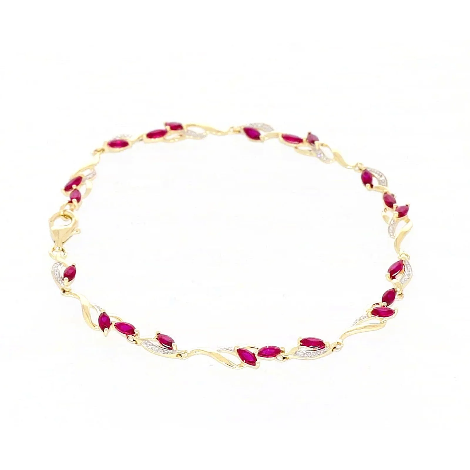 9ct Yellow Gold Marquise Cut Created Ruby Diamond Set Bracelet
