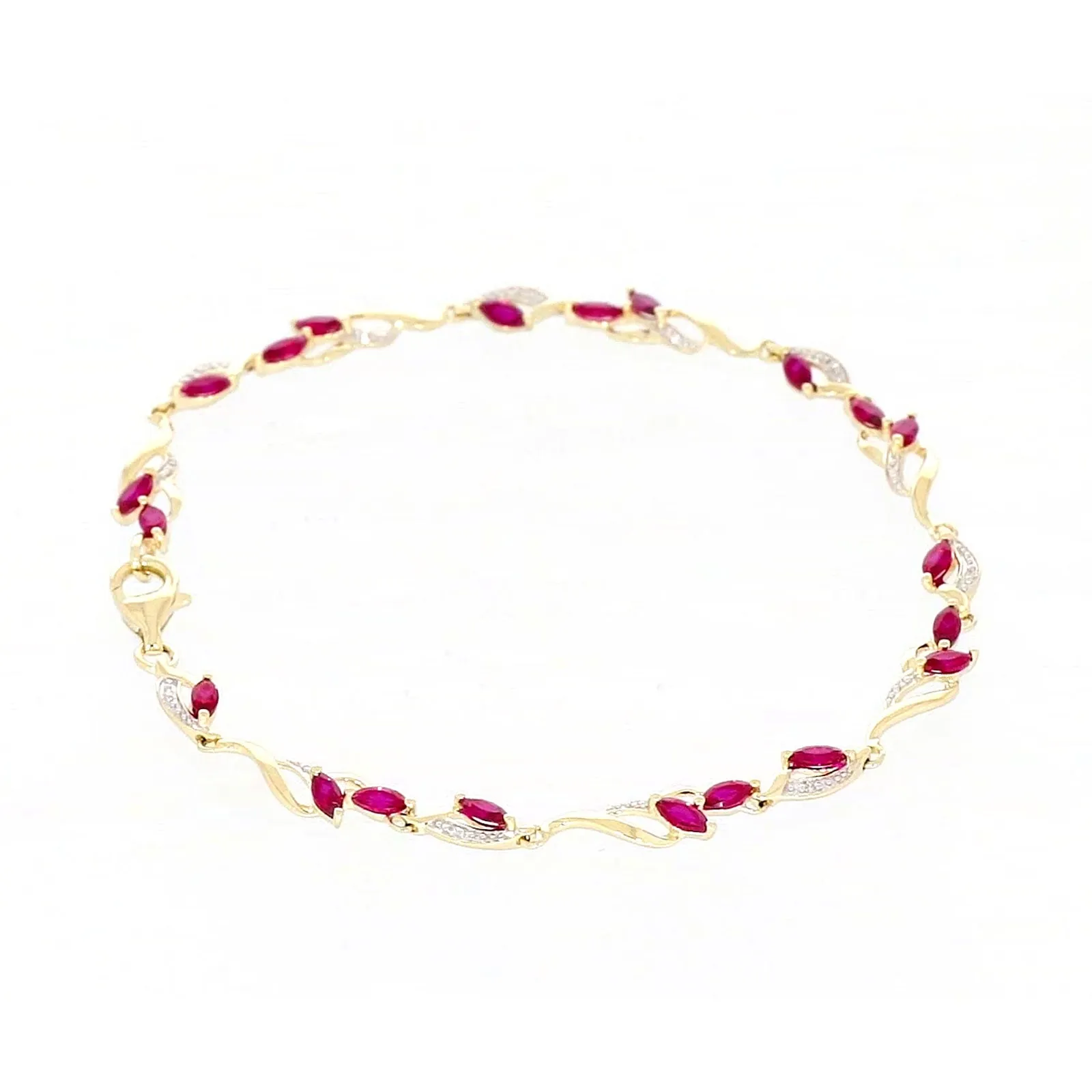 9ct Yellow Gold Marquise Cut Created Ruby Diamond Set Bracelet