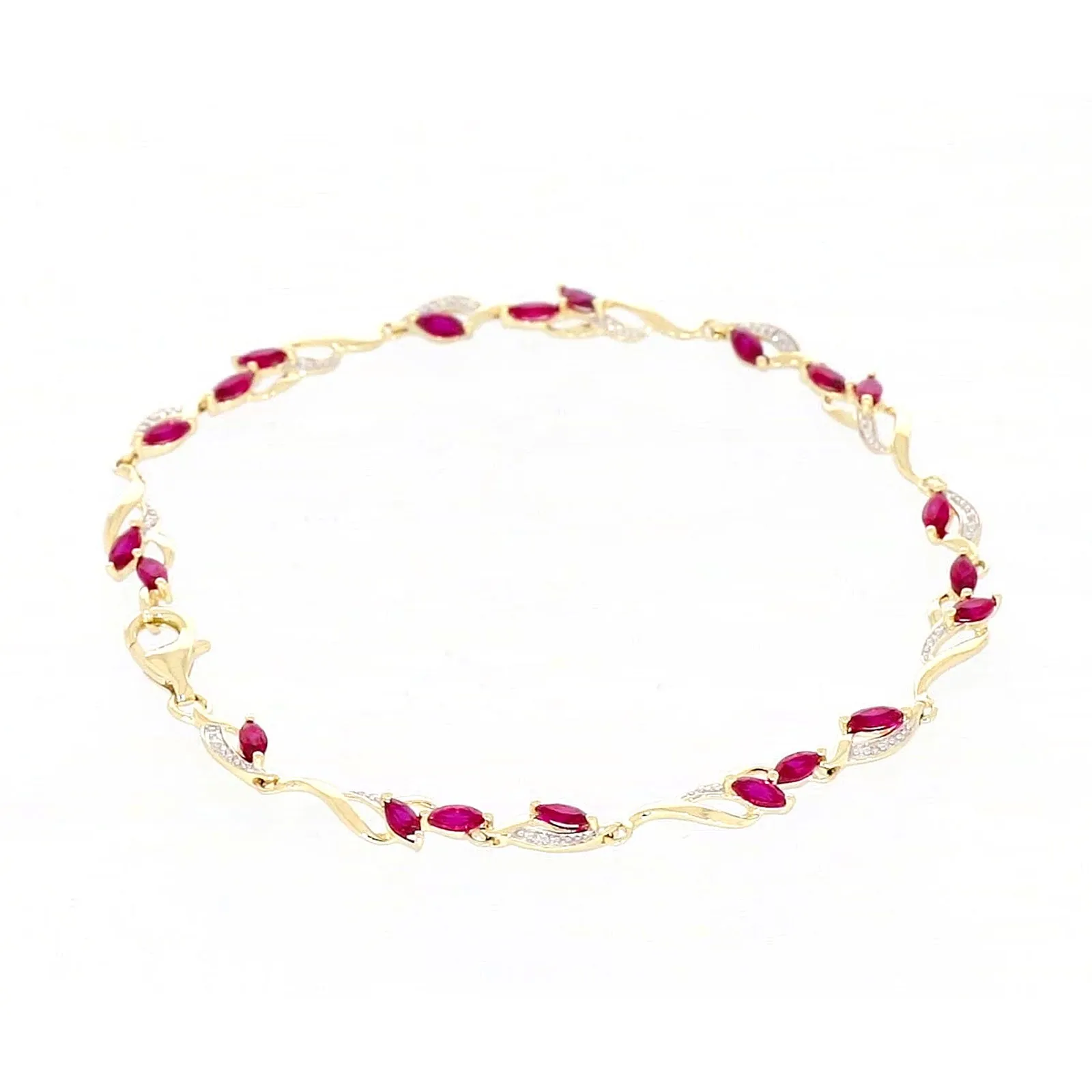 9ct Yellow Gold Marquise Cut Created Ruby Diamond Set Bracelet