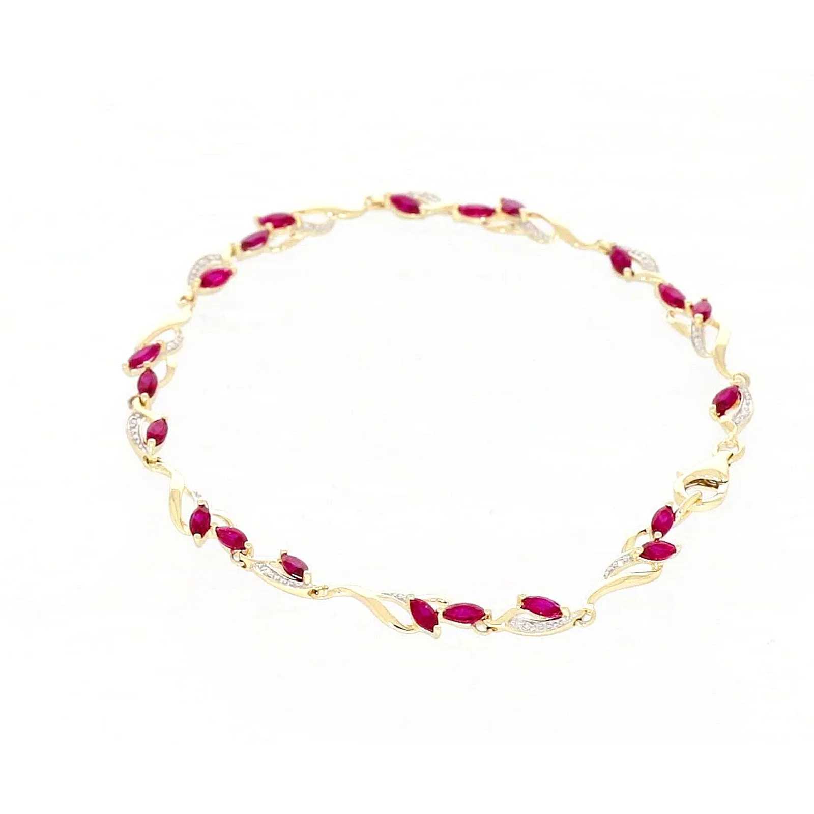 9ct Yellow Gold Marquise Cut Created Ruby Diamond Set Bracelet