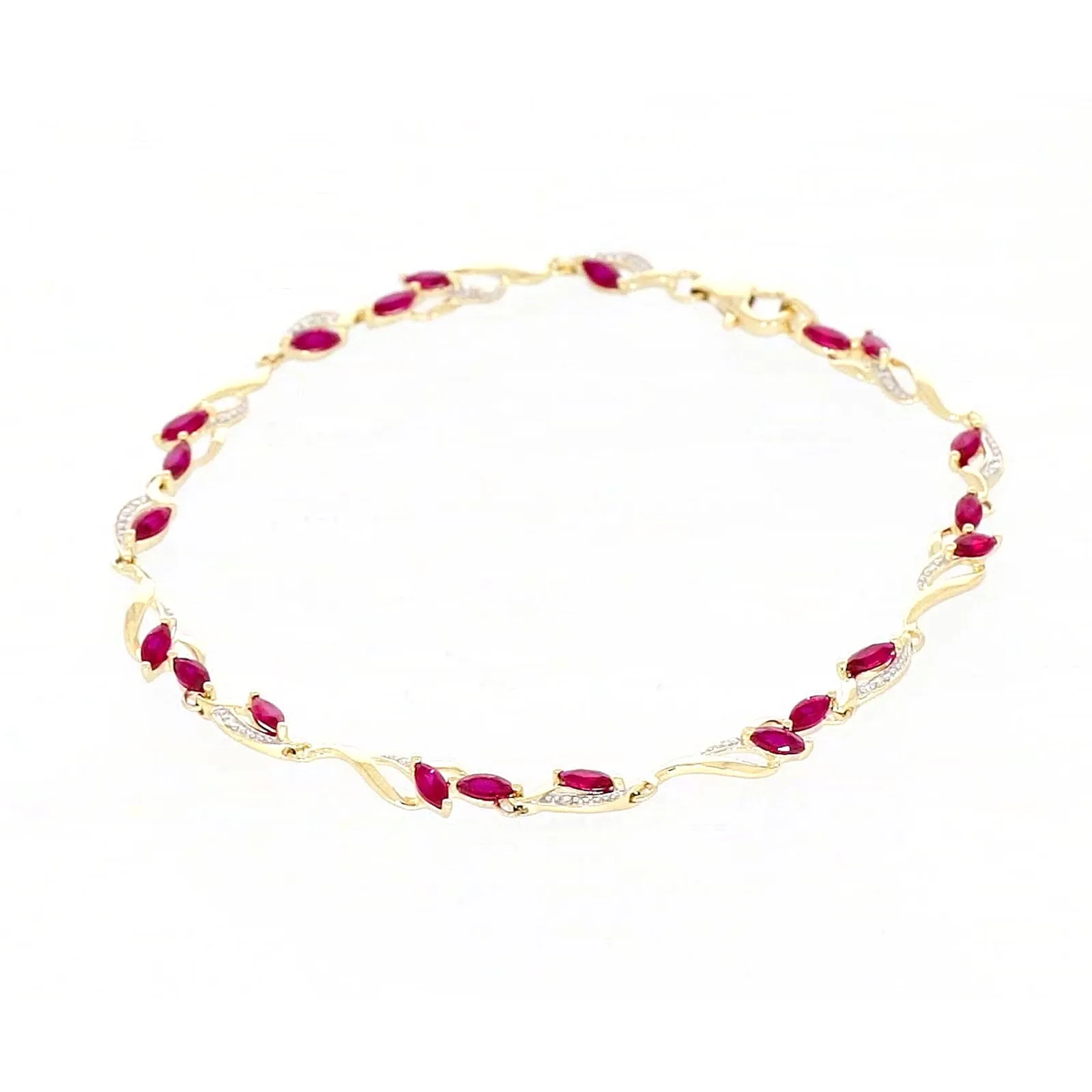 9ct Yellow Gold Marquise Cut Created Ruby Diamond Set Bracelet
