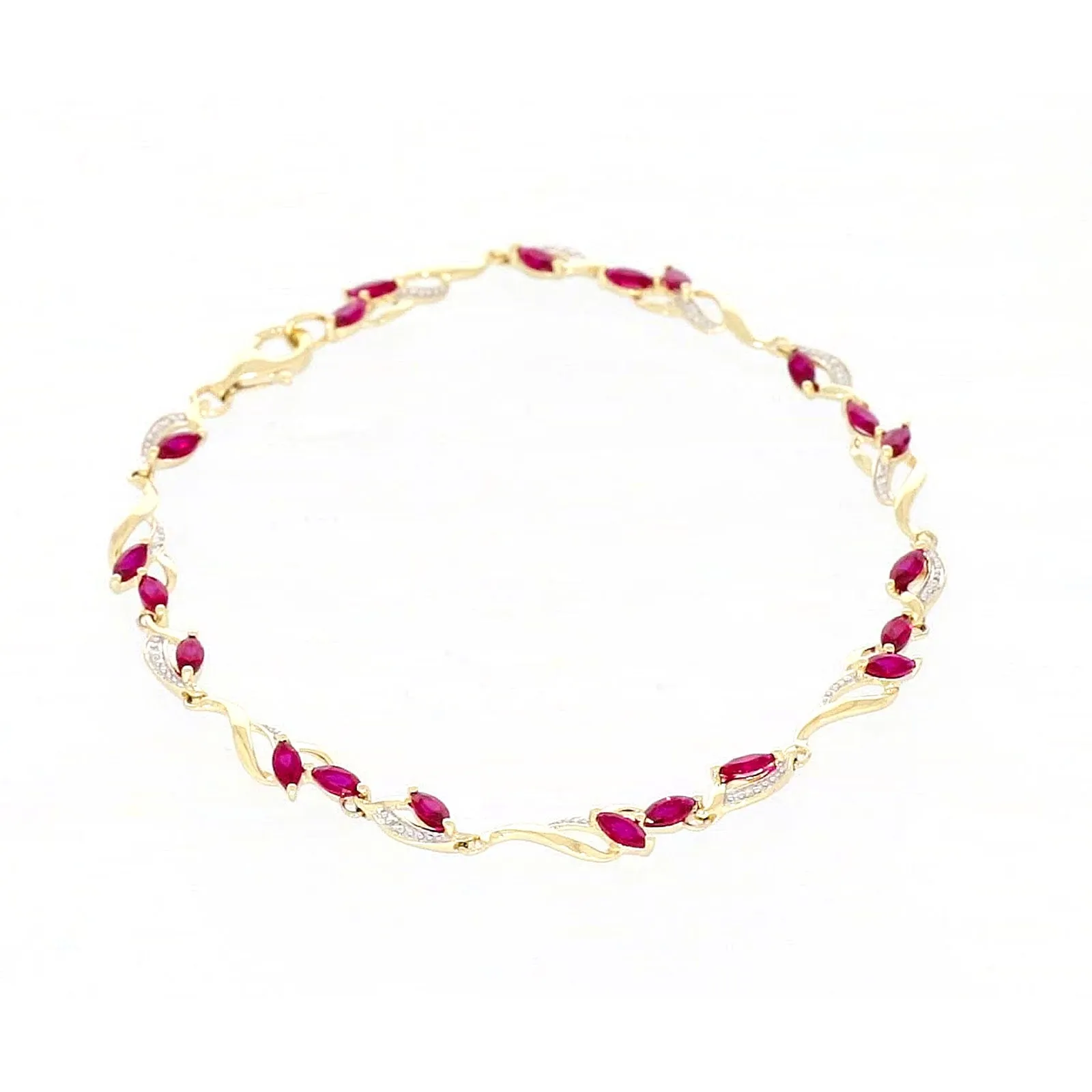 9ct Yellow Gold Marquise Cut Created Ruby Diamond Set Bracelet