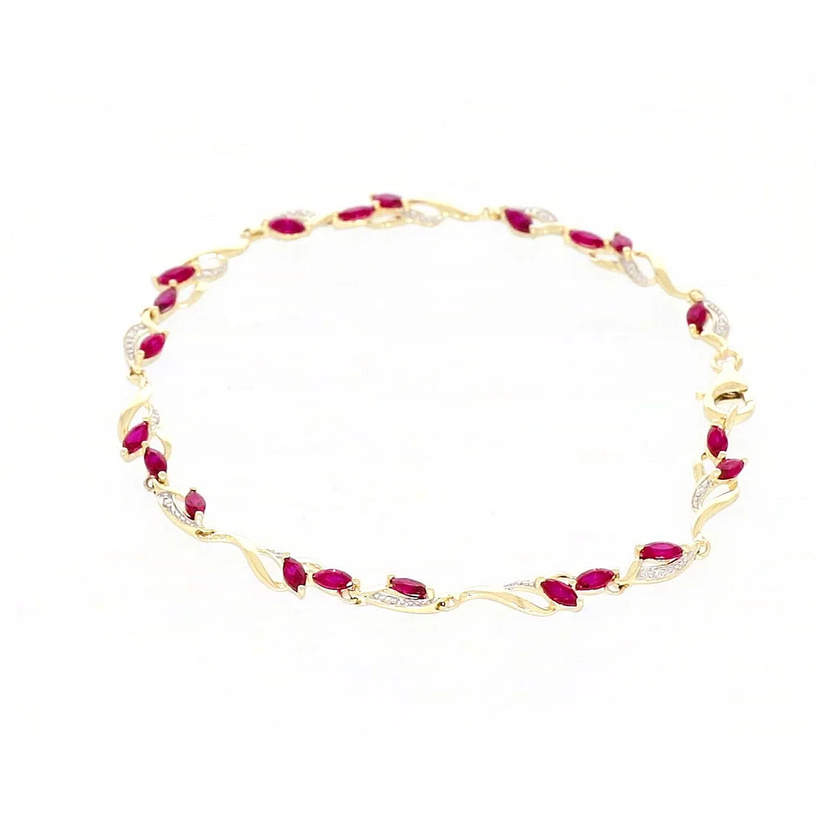 9ct Yellow Gold Marquise Cut Created Ruby Diamond Set Bracelet