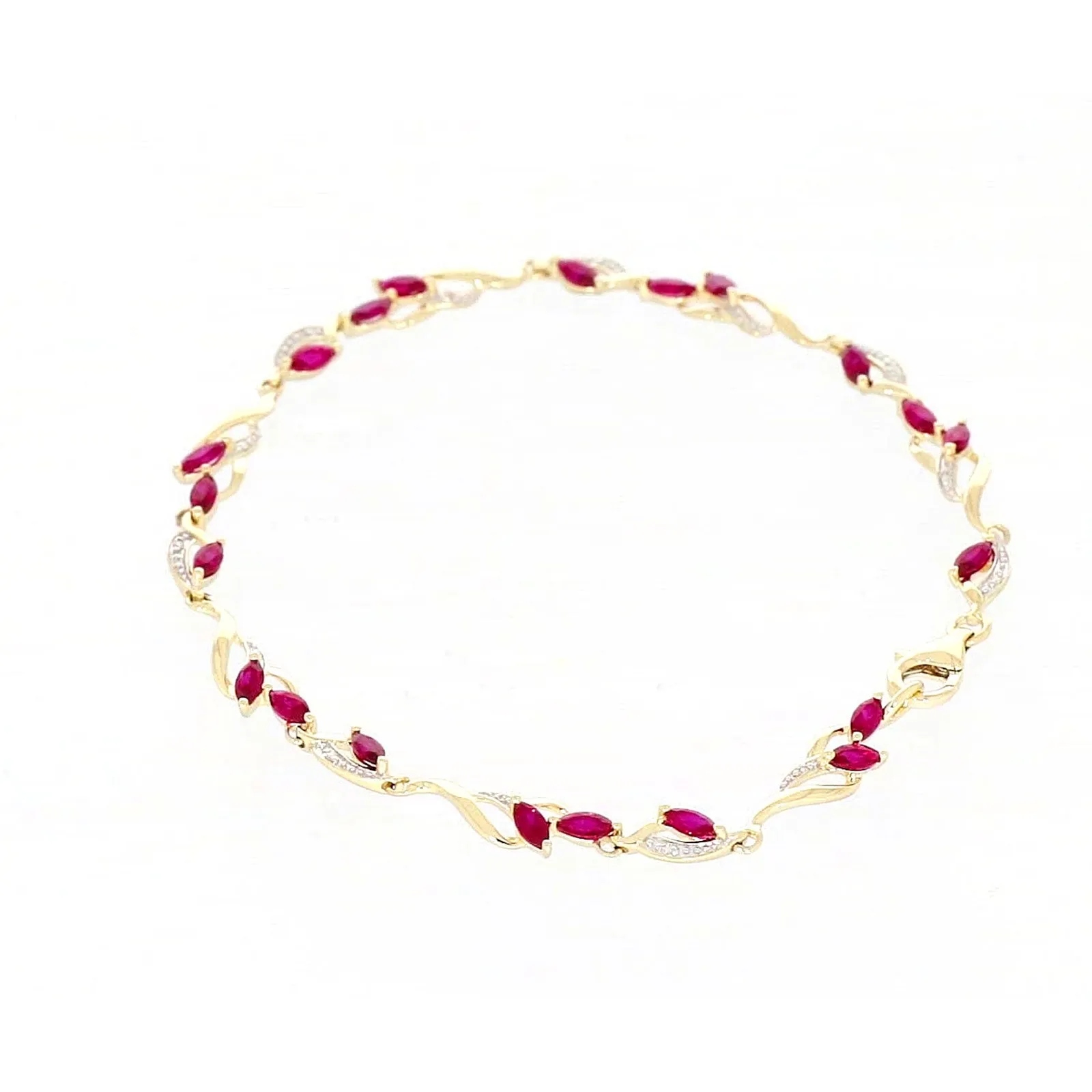 9ct Yellow Gold Marquise Cut Created Ruby Diamond Set Bracelet