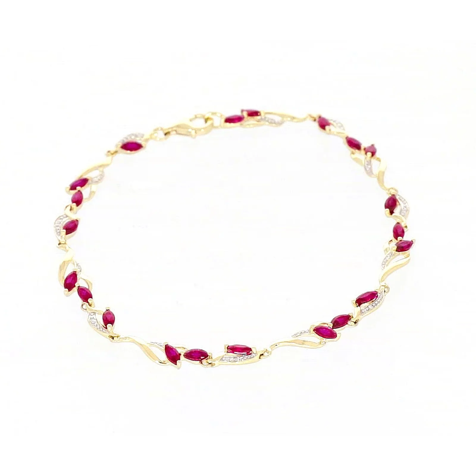 9ct Yellow Gold Marquise Cut Created Ruby Diamond Set Bracelet