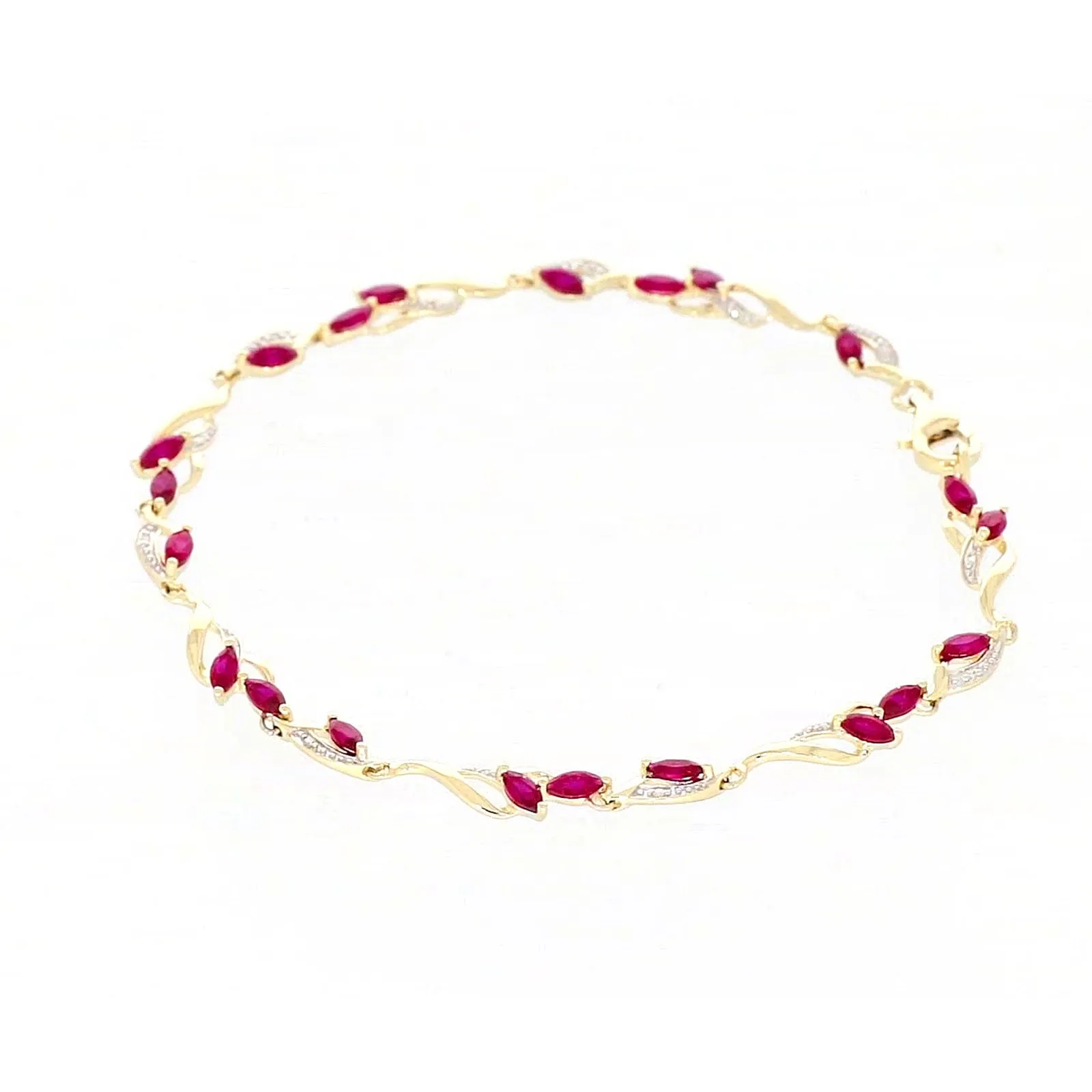 9ct Yellow Gold Marquise Cut Created Ruby Diamond Set Bracelet