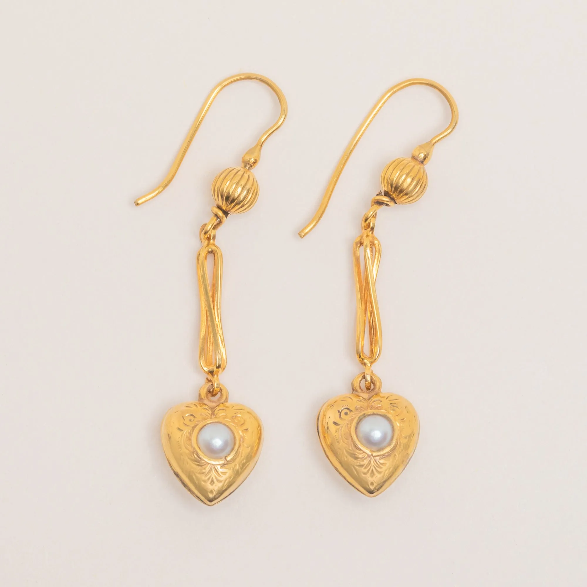 Antique 15ct Gold Heart Pearl Drop Earrings