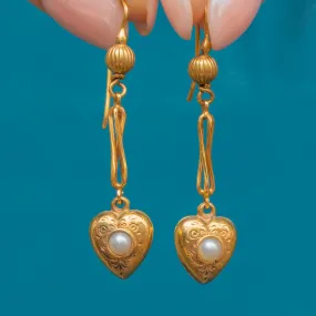 Antique 15ct Gold Heart Pearl Drop Earrings