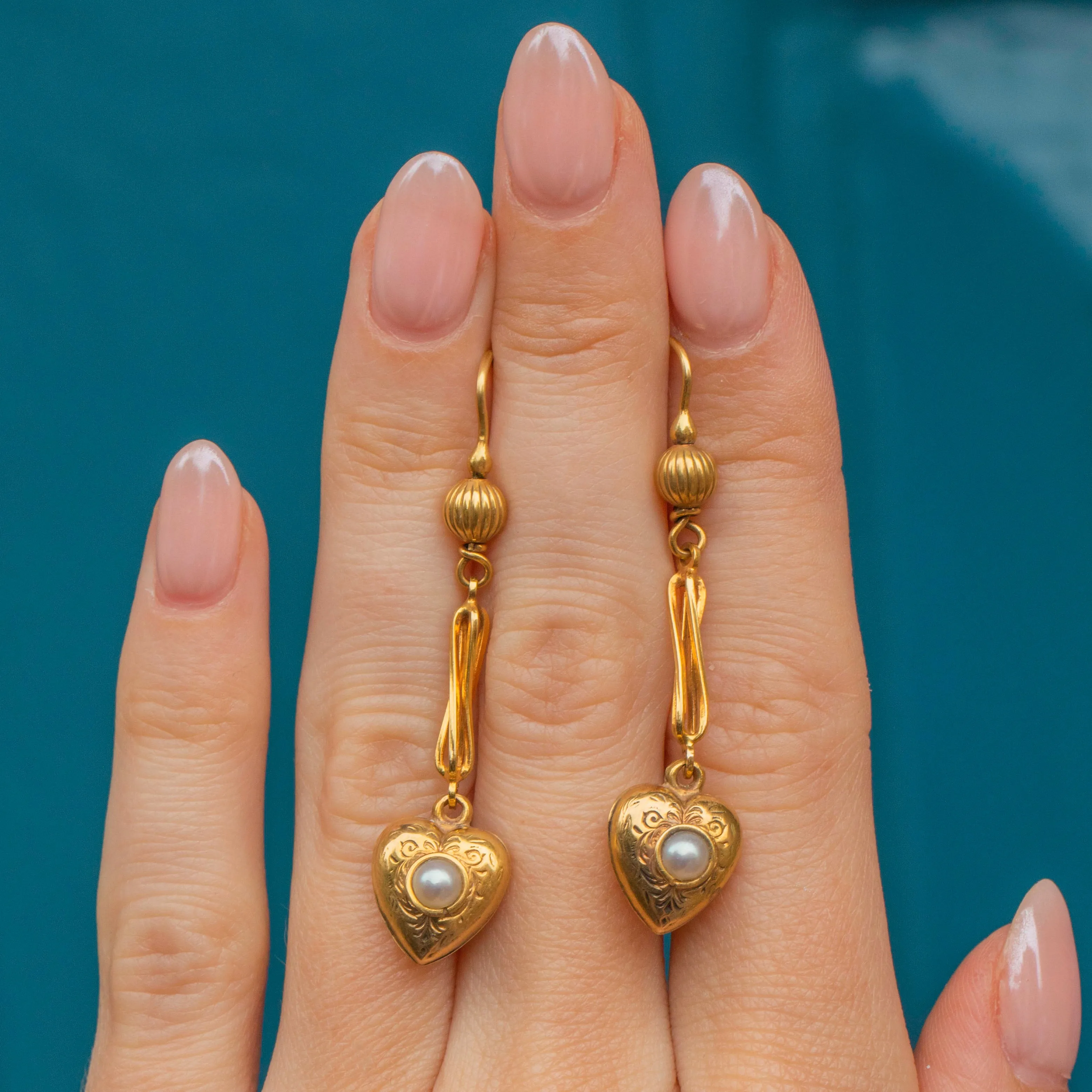 Antique 15ct Gold Heart Pearl Drop Earrings