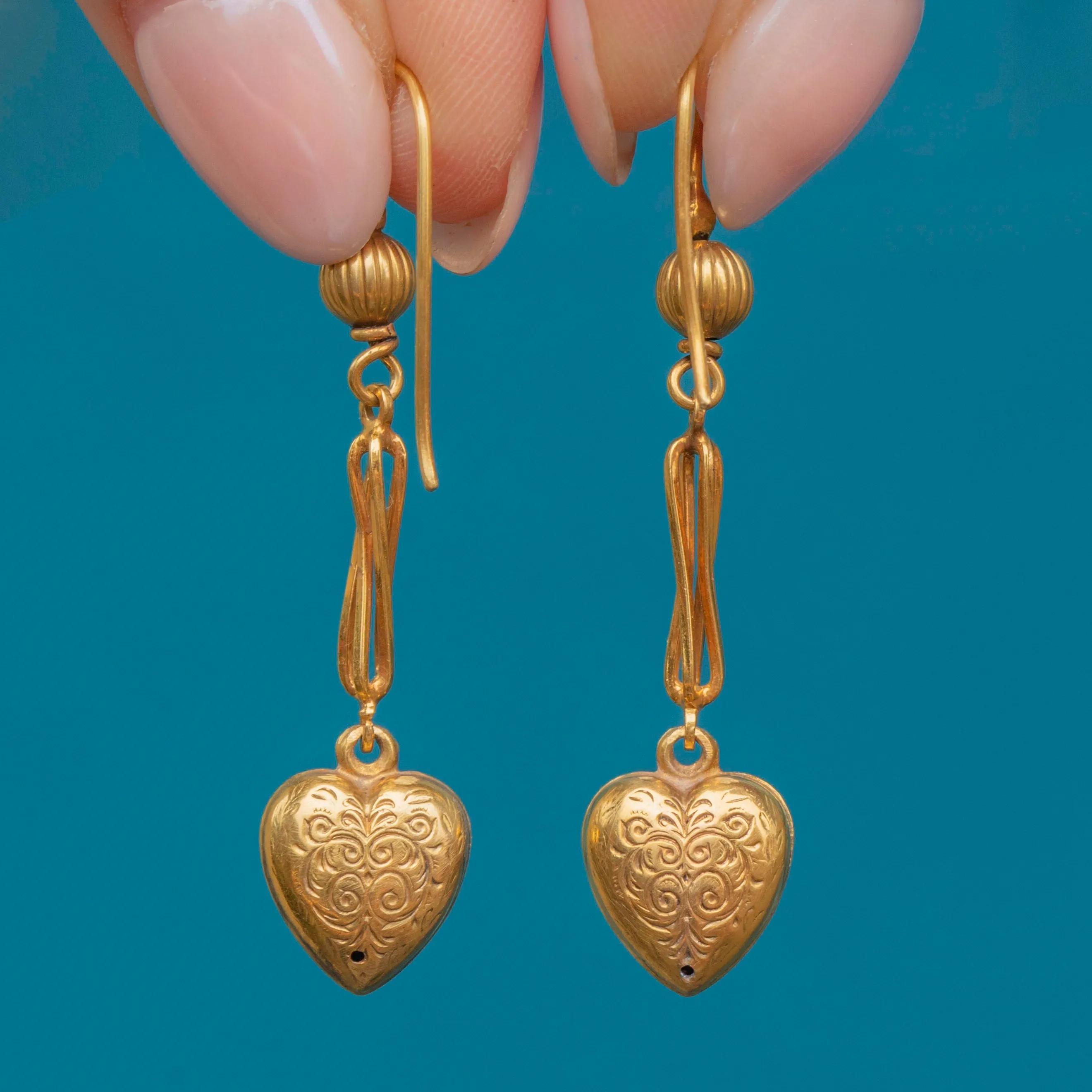 Antique 15ct Gold Heart Pearl Drop Earrings