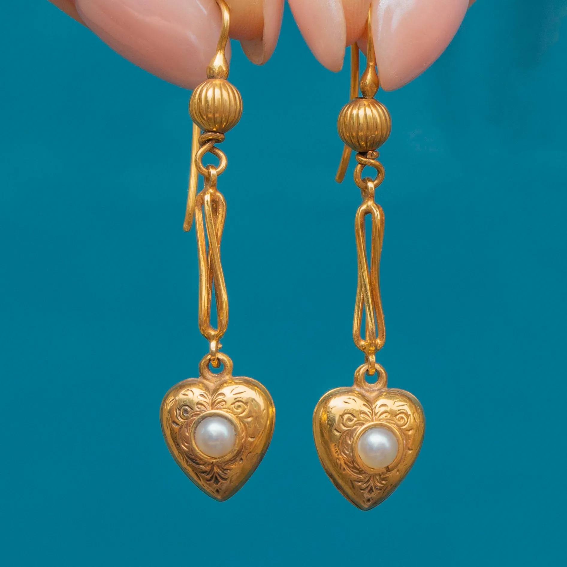 Antique 15ct Gold Heart Pearl Drop Earrings