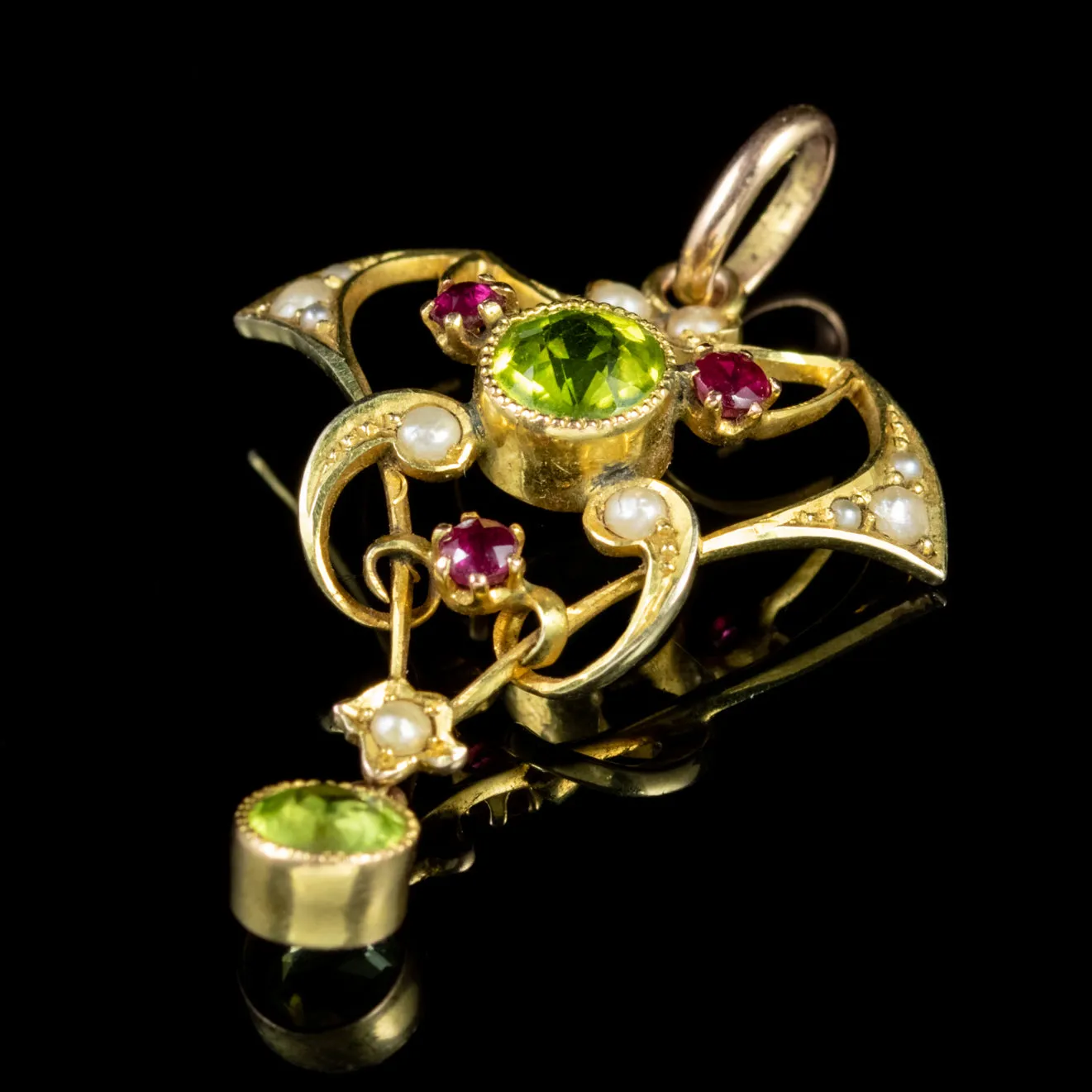 Antique Edwardian 9Ct Gold Ruby Peridot Pearl Pendant Circa 1910