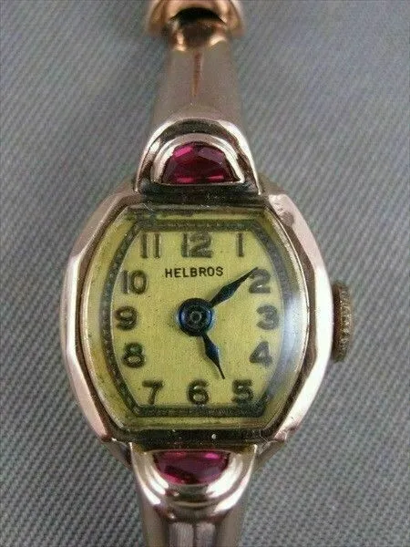 ANTIQUE MOON OLD MINE RUBY 14K PINK ROSE GOLD HELBROS WATCH #20592