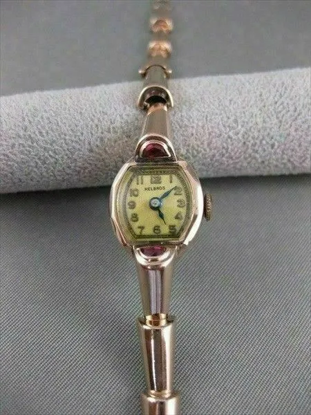 ANTIQUE MOON OLD MINE RUBY 14K PINK ROSE GOLD HELBROS WATCH #20592