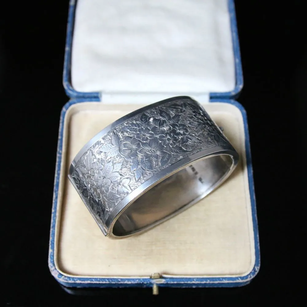 Antique Victorian Silver Wide Bangle - Dated Birmingham 1880