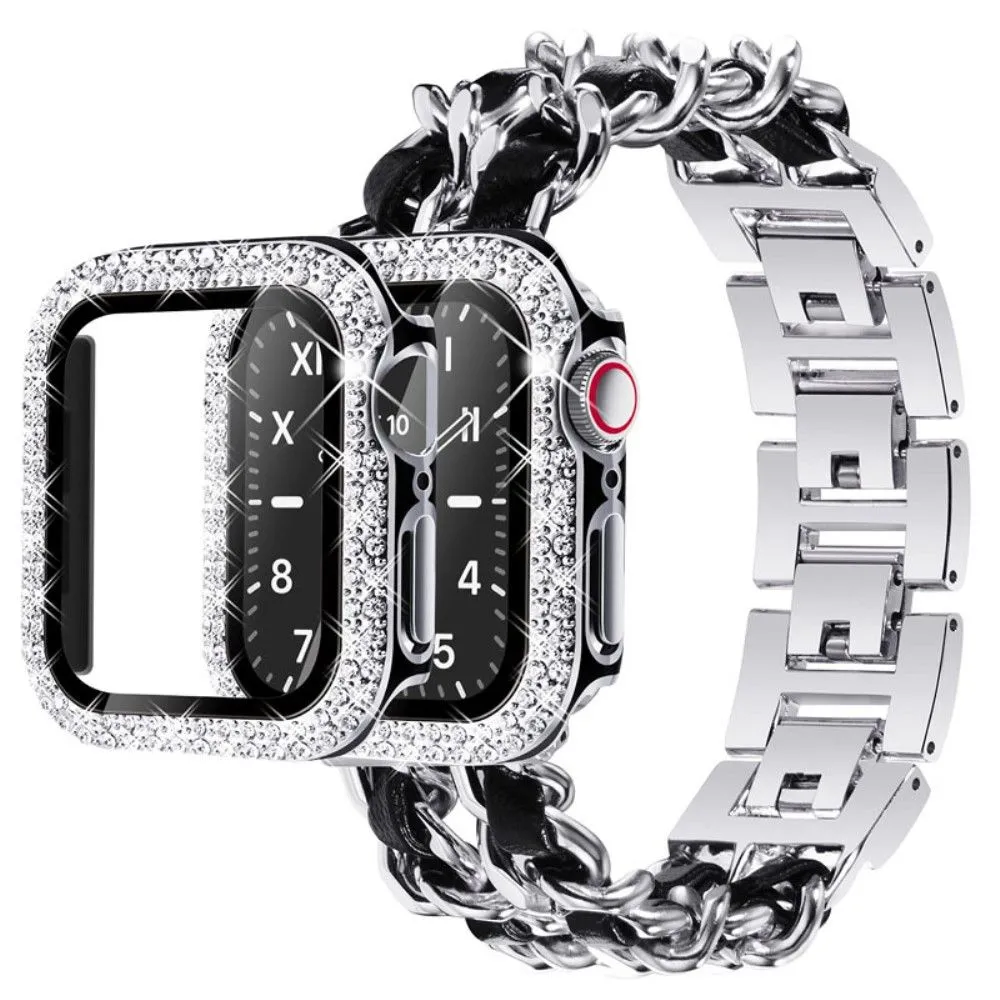 Apple Watch Series 3/2/1 38mm elegant stainless steel with rhinestone cover - Silver / Black Leather