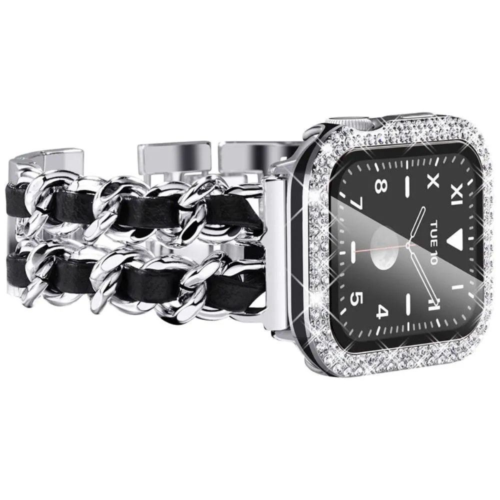 Apple Watch Series 3/2/1 38mm elegant stainless steel with rhinestone cover - Silver / Black Leather