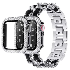Apple Watch Series 3/2/1 38mm elegant stainless steel with rhinestone cover - Silver / Black Leather