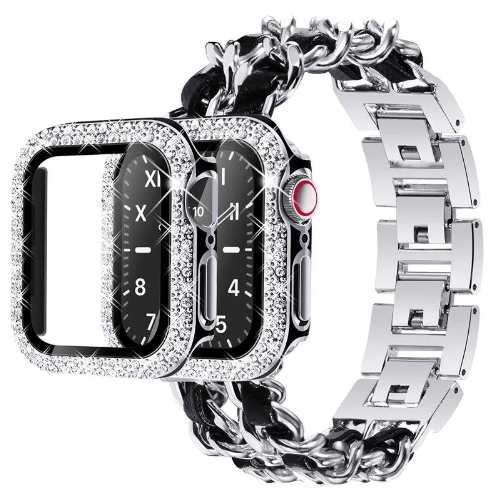 Apple Watch Series 3/2/1 38mm elegant stainless steel with rhinestone cover - Silver / Black Leather