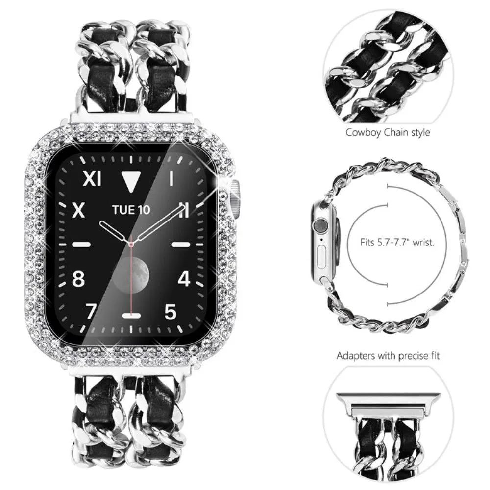 Apple Watch Series 3/2/1 38mm elegant stainless steel with rhinestone cover - Silver / Black Leather