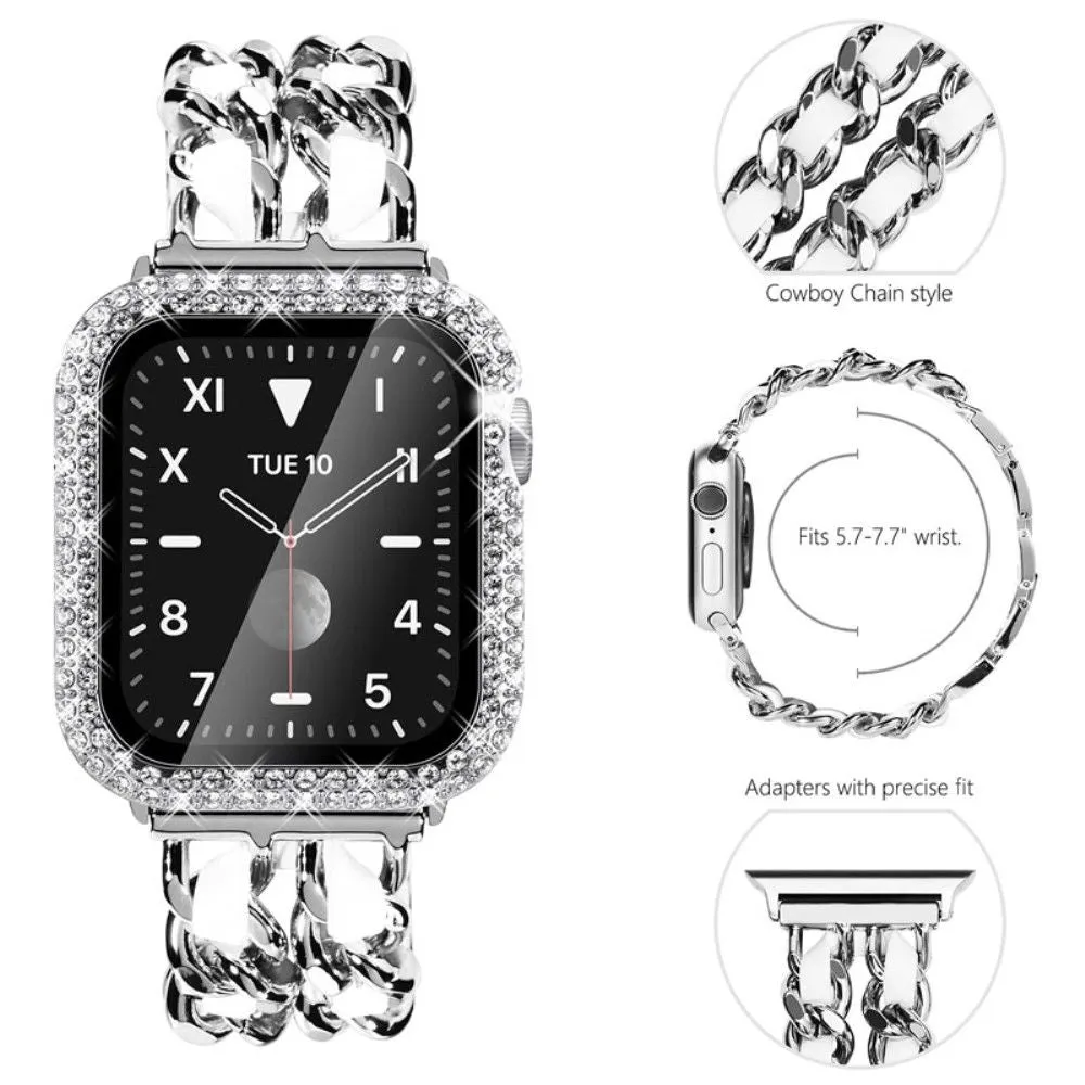 Apple Watch Series 3/2/1 38mm elegant stainless steel with rhinestone cover - Silver / White Leather