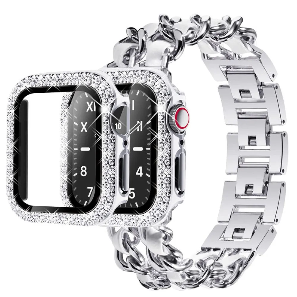 Apple Watch Series 3/2/1 38mm elegant stainless steel with rhinestone cover - Silver / White Leather