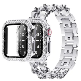 Apple Watch Series 3/2/1 38mm elegant stainless steel with rhinestone cover - Silver / White Leather