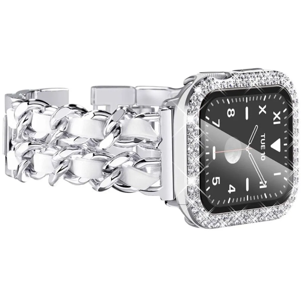 Apple Watch Series 3/2/1 38mm elegant stainless steel with rhinestone cover - Silver / White Leather