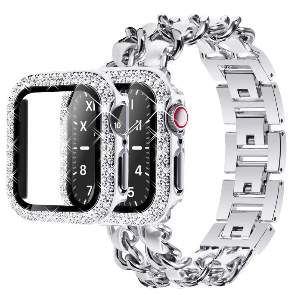 Apple Watch Series 3/2/1 38mm elegant stainless steel with rhinestone cover - Silver / White Leather