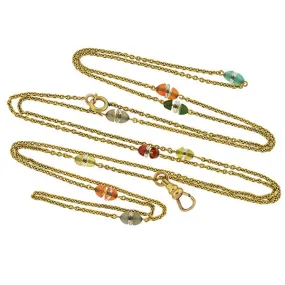 Art Deco 14kt Watch Chain w/ Agate & Crystal Beads 51"