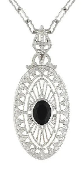 Art Deco Black Onyx Filigree Oval Pendant Necklace in Sterling Silver