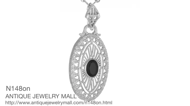 Art Deco Black Onyx Filigree Oval Pendant Necklace in Sterling Silver