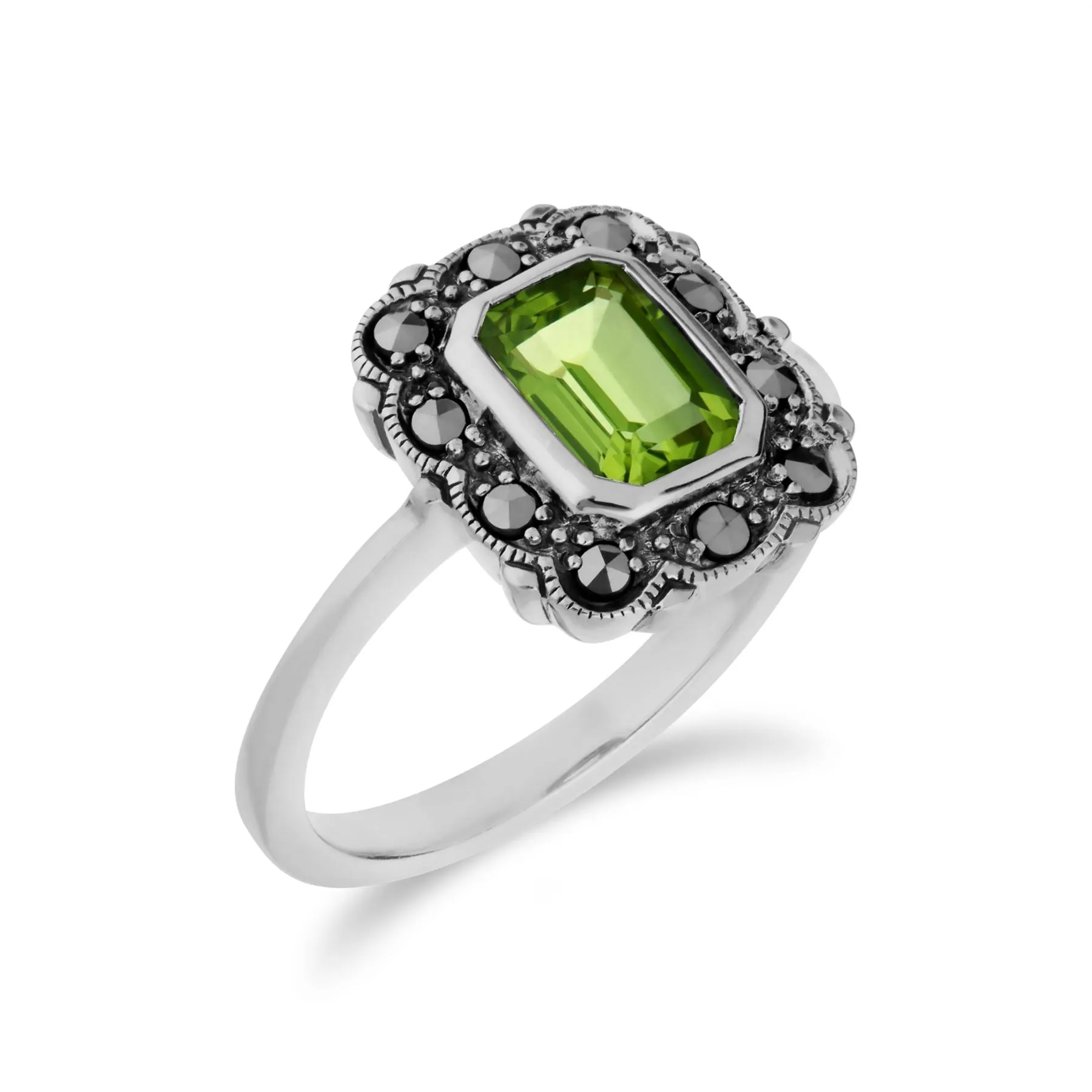 Art Nouveau Peridot & Markasit Oktagon Ring in Sterling Silber