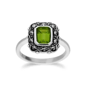 Art Nouveau Peridot & Markasit Oktagon Ring in Sterling Silber