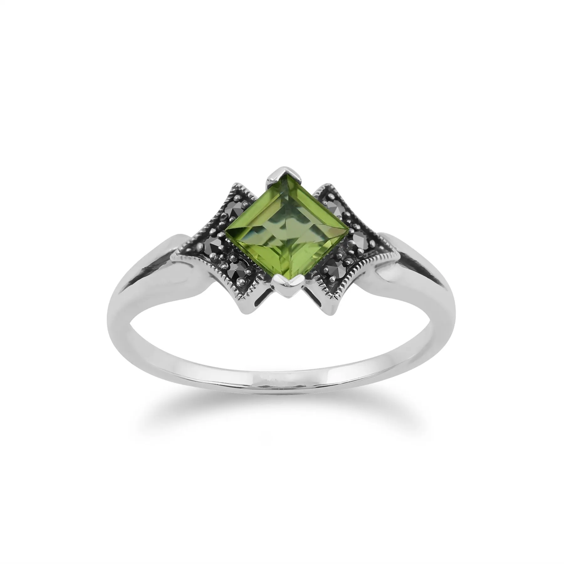 Art Nouveau Stil Peridot & Markasit Quadrat Ring in Sterling Silber