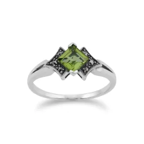 Art Nouveau Stil Peridot & Markasit Quadrat Ring in Sterling Silber