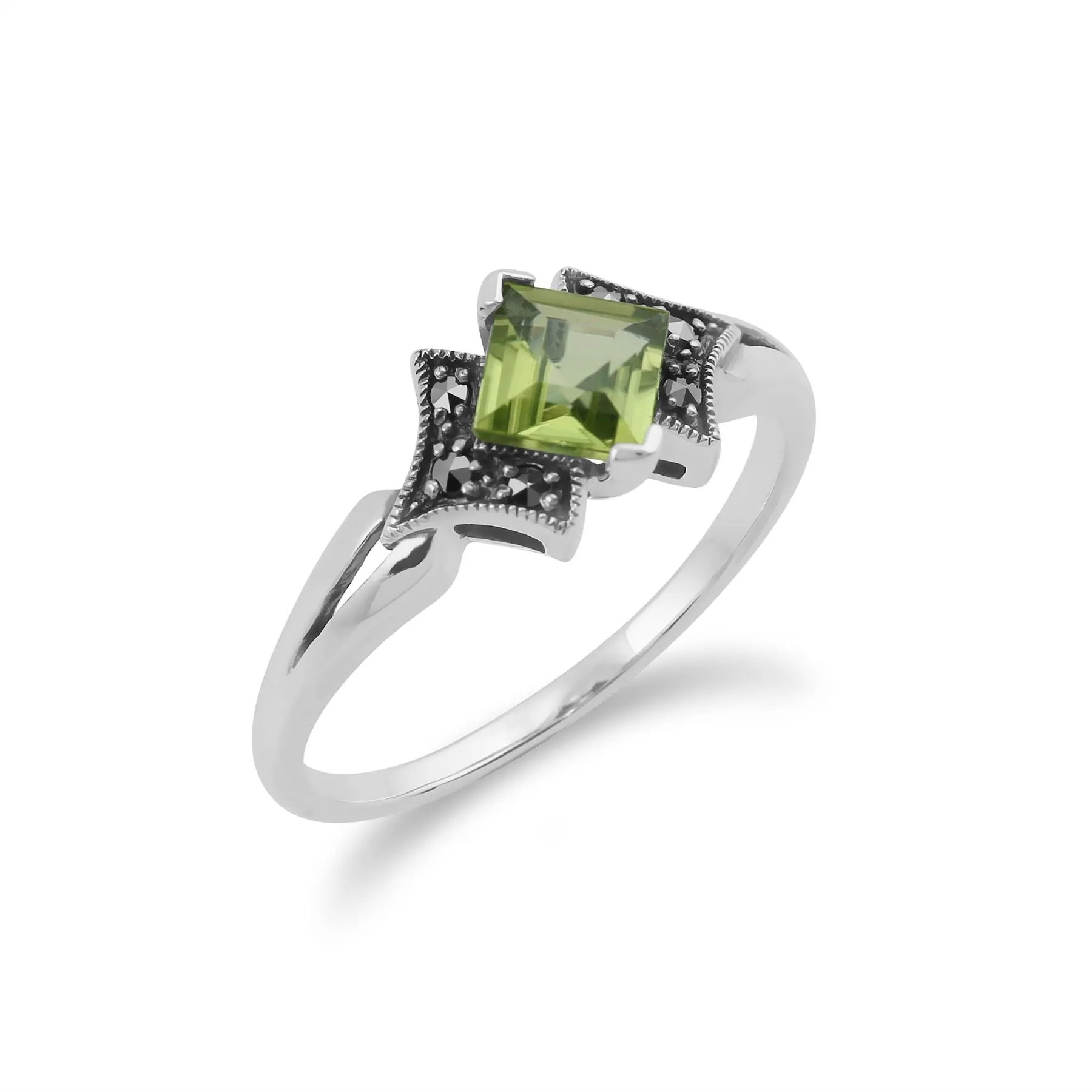 Art Nouveau Stil Peridot & Markasit Quadrat Ring in Sterling Silber