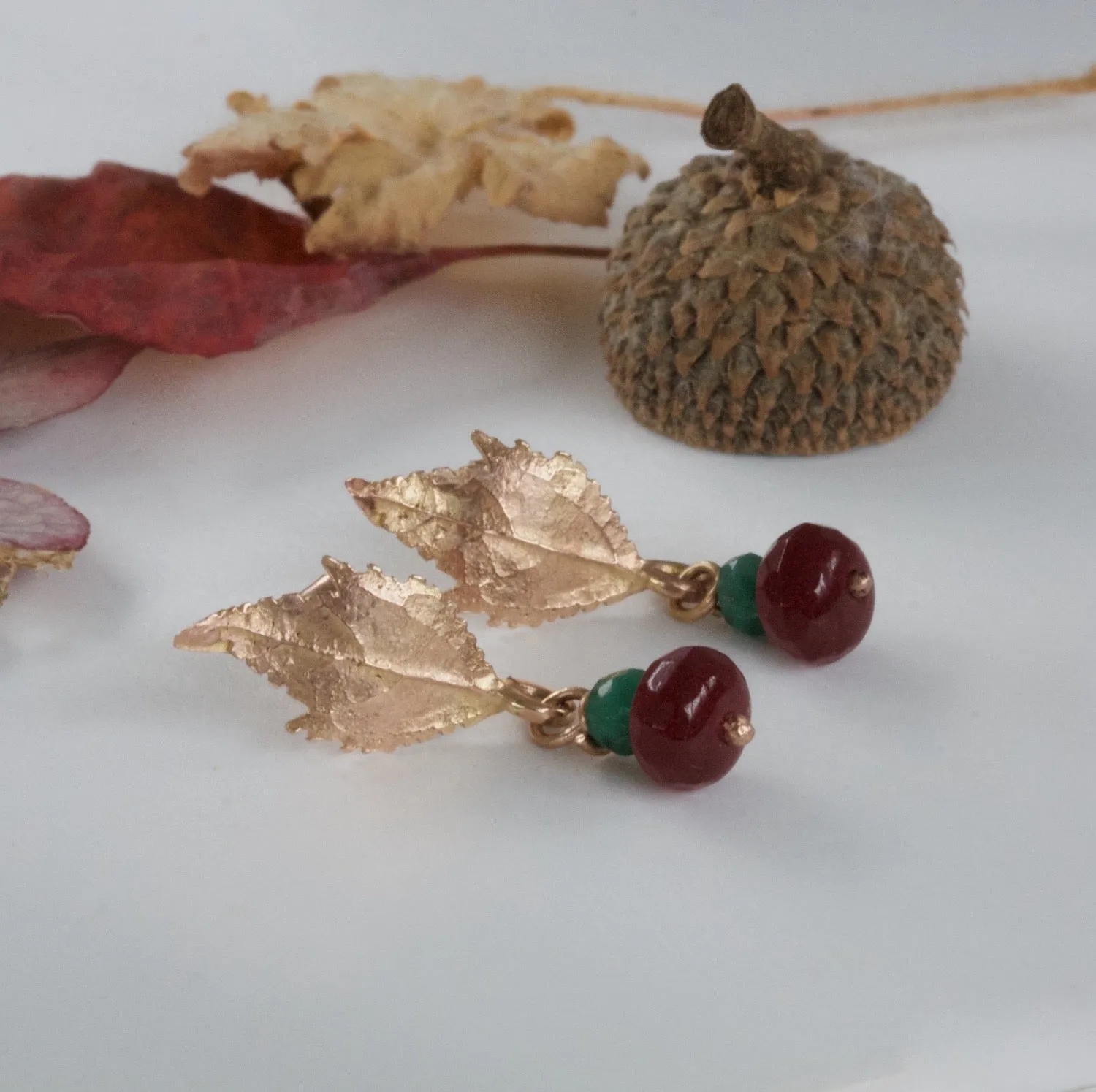 Autumn Leaf Earrings, Solid 9ct Rose Gold and Emerald Earrings