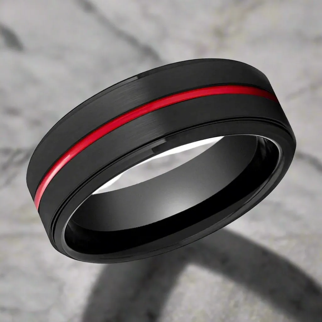 BATMOBILE | Black Ring, Black Tungsten Ring, Red Groove, Stepped Edge